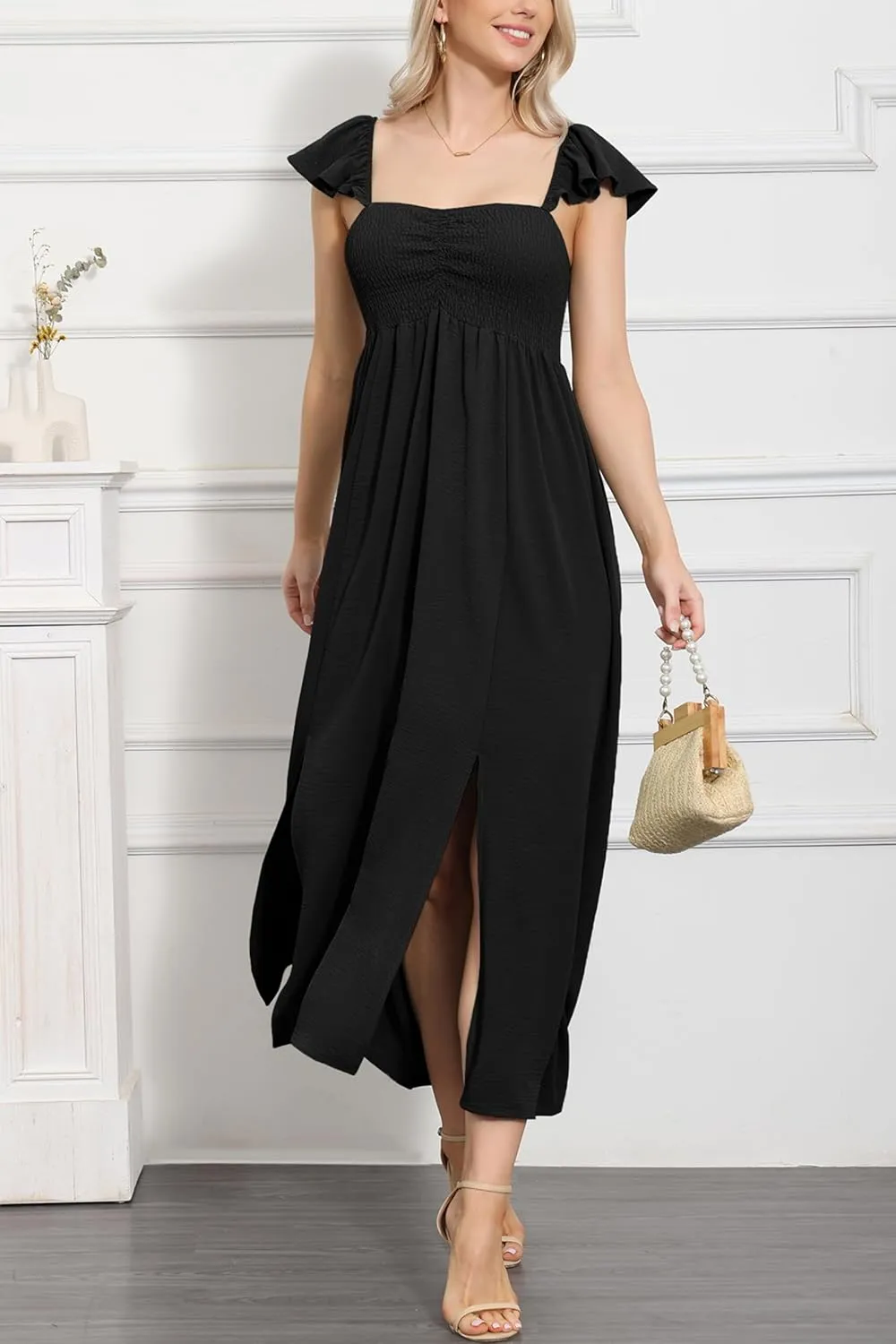 Anna-Kaci Women's Summer Off Shoulder Flutter Cap Sleeve Shirred Smocked High Waist Slit Maxi Dress