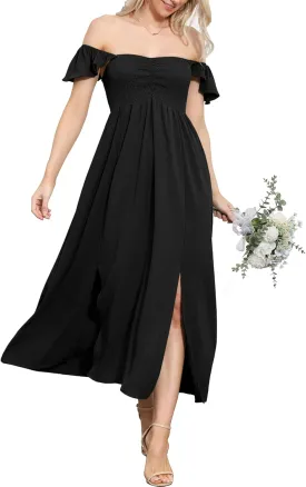 Anna-Kaci Women's Summer Off Shoulder Flutter Cap Sleeve Shirred Smocked High Waist Slit Maxi Dress