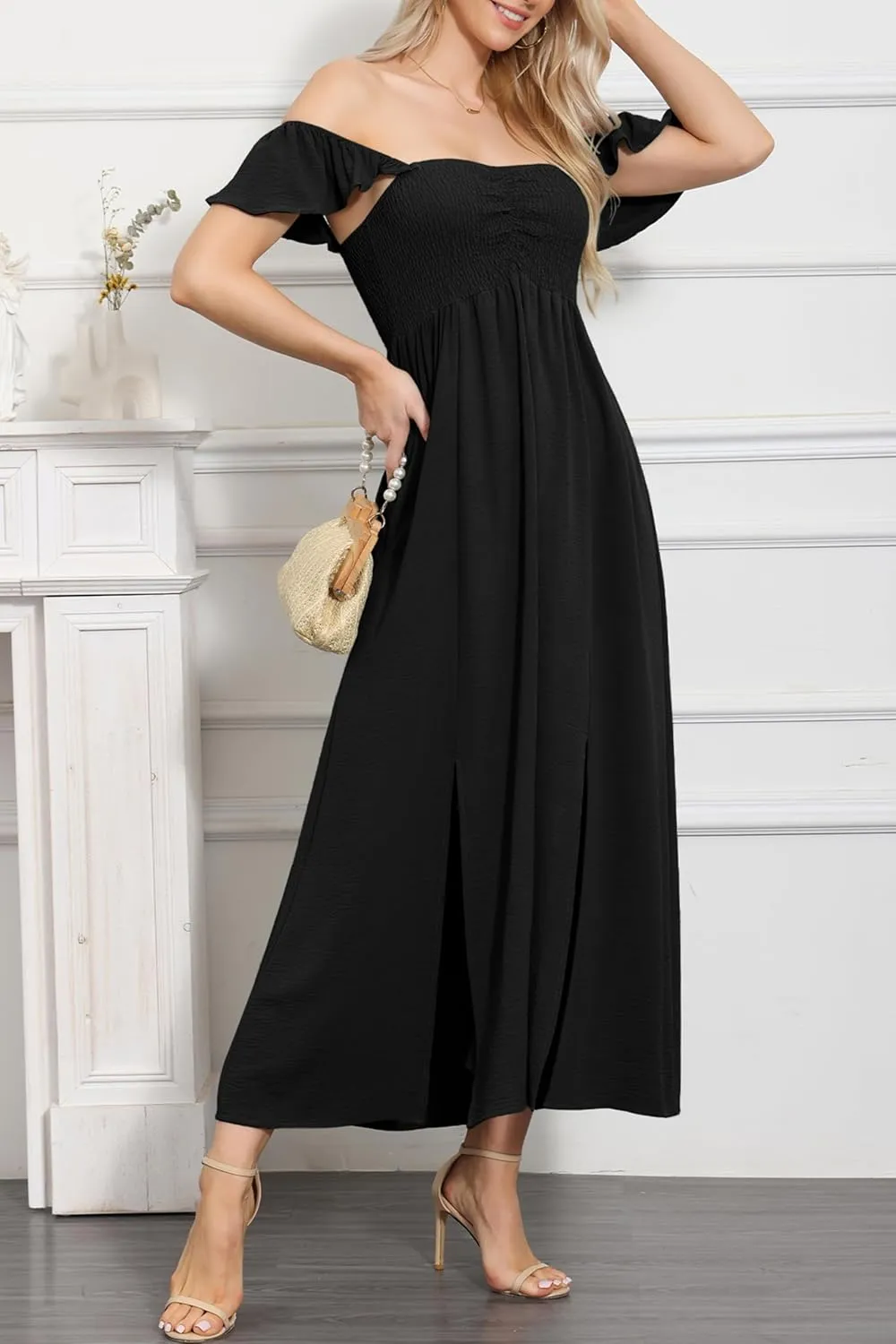 Anna-Kaci Women's Summer Off Shoulder Flutter Cap Sleeve Shirred Smocked High Waist Slit Maxi Dress