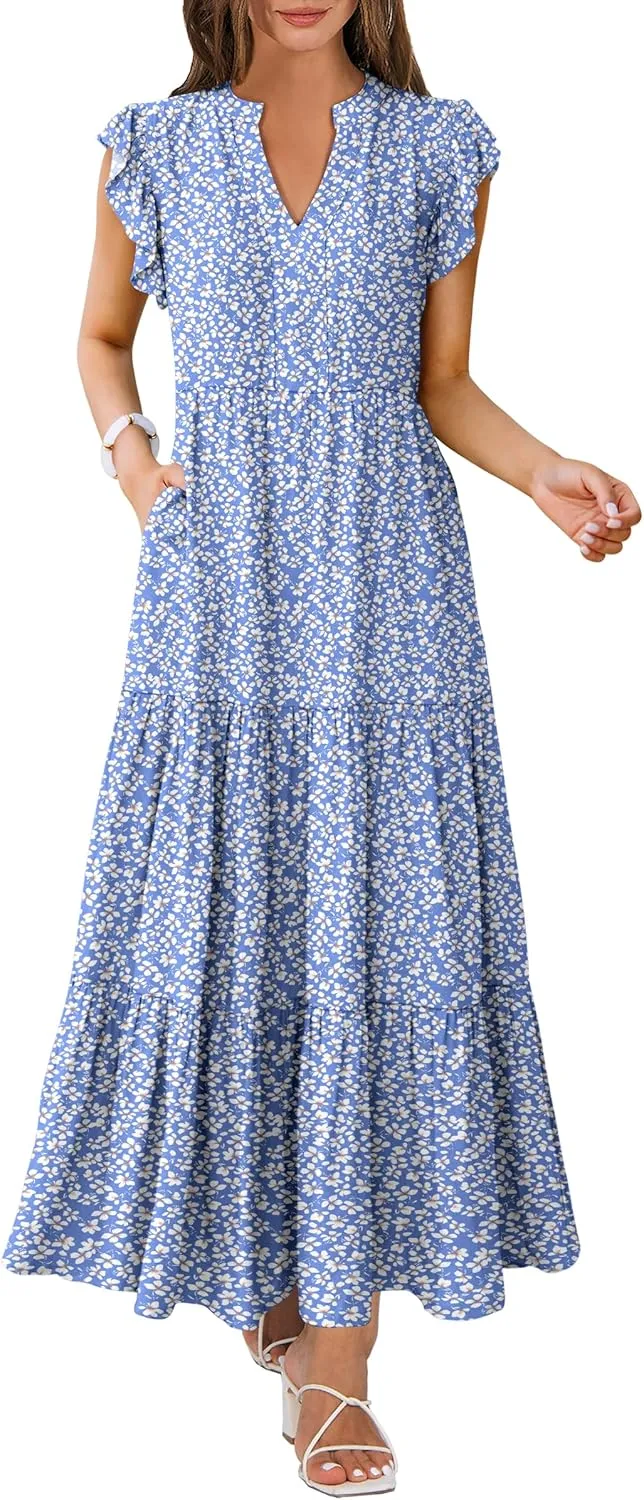 ANRABESS Womens Summer Casual Maxi Dress V Neck Ruffle Sleeve Long Dresses Fashion Flowy Tiered Boho Beach Vacation Sundress