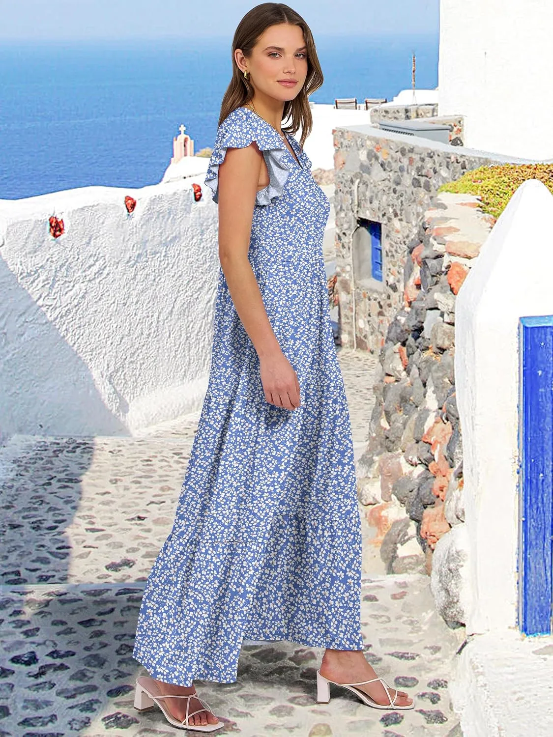 ANRABESS Womens Summer Casual Maxi Dress V Neck Ruffle Sleeve Long Dresses Fashion Flowy Tiered Boho Beach Vacation Sundress