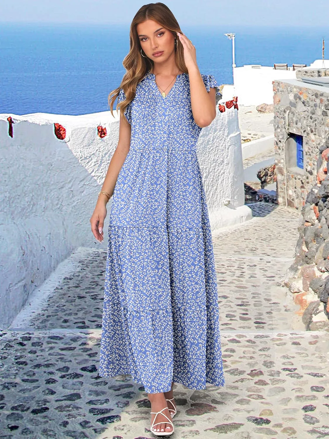 ANRABESS Womens Summer Casual Maxi Dress V Neck Ruffle Sleeve Long Dresses Fashion Flowy Tiered Boho Beach Vacation Sundress