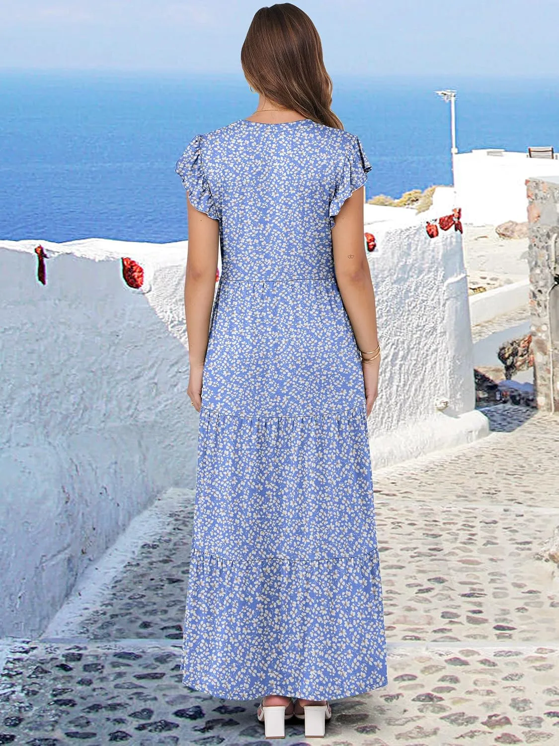 ANRABESS Womens Summer Casual Maxi Dress V Neck Ruffle Sleeve Long Dresses Fashion Flowy Tiered Boho Beach Vacation Sundress