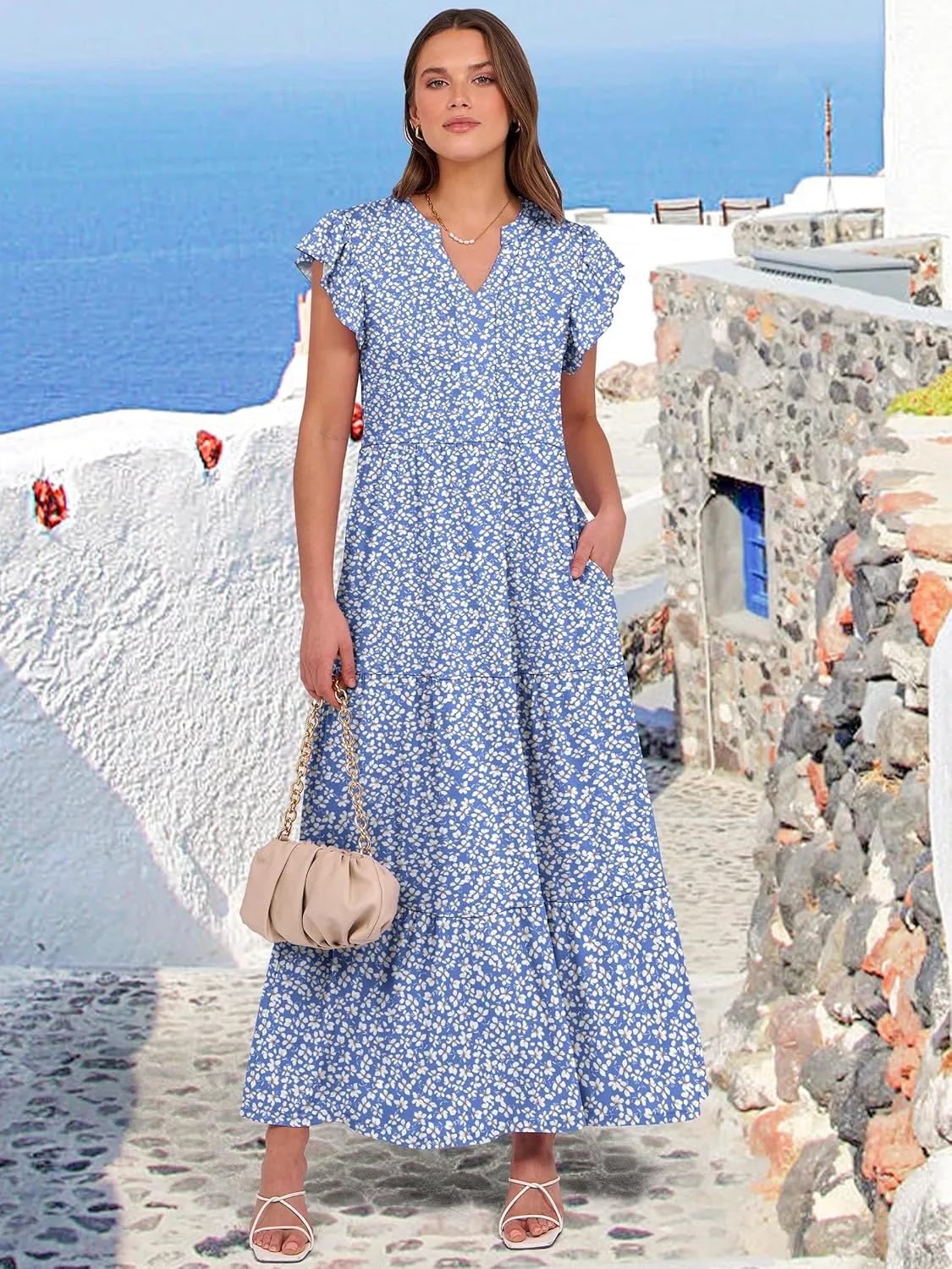 ANRABESS Womens Summer Casual Maxi Dress V Neck Ruffle Sleeve Long Dresses Fashion Flowy Tiered Boho Beach Vacation Sundress
