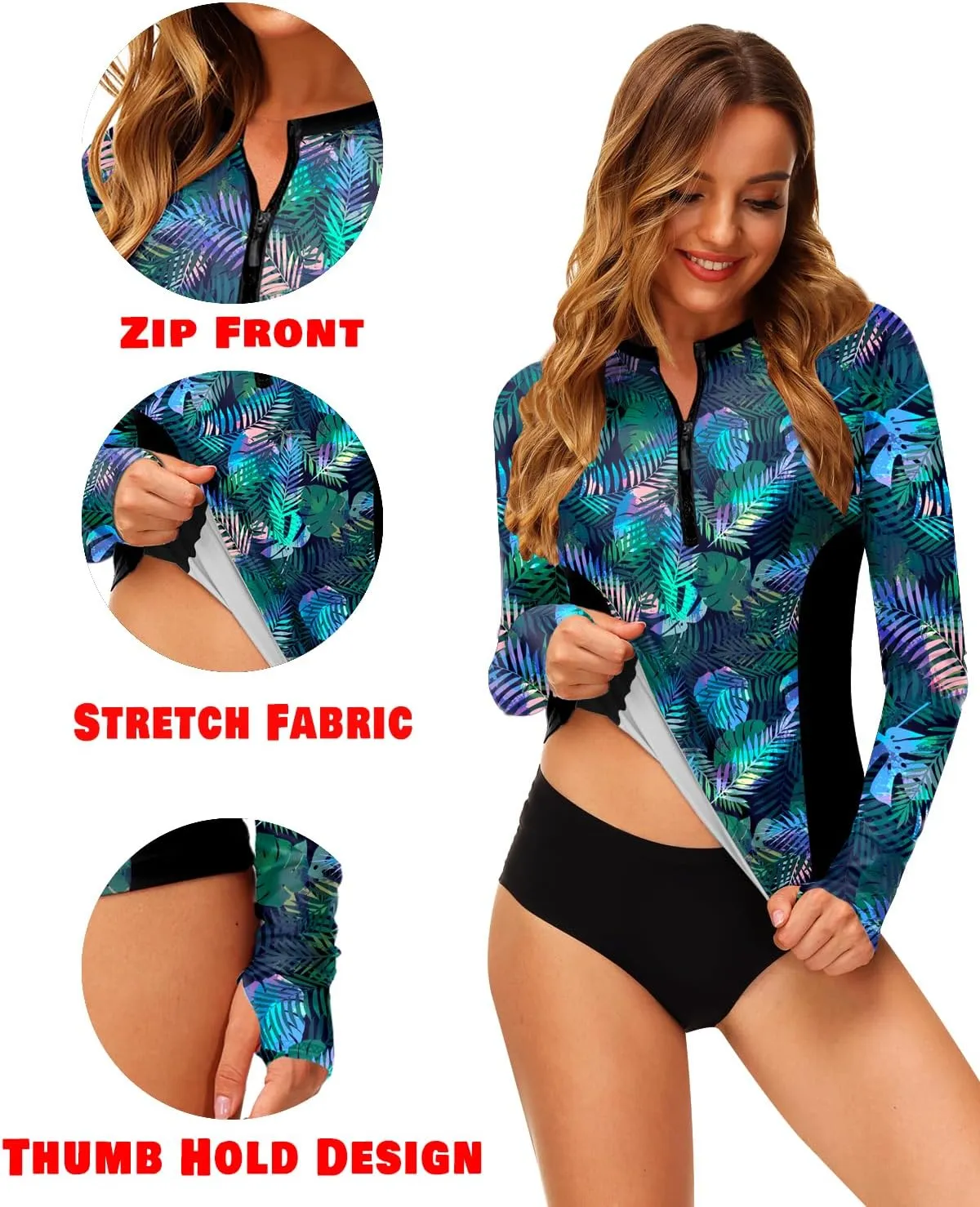 AOBUTE Women Zip Rash Guard UPF 50  Surf Swim Shirts with Thumb Hole