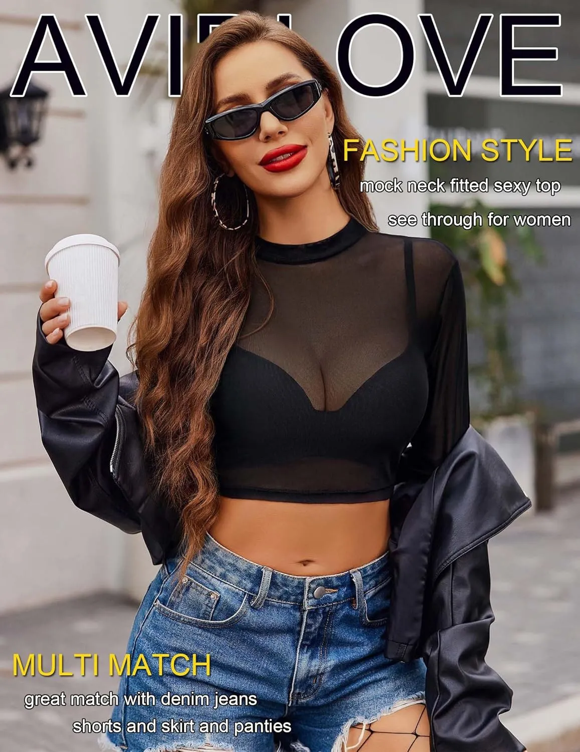 Avidlove Mesh Top Mesh Crop Top for Women Y2K Long Sleeve Mock Neck Top S-XXL