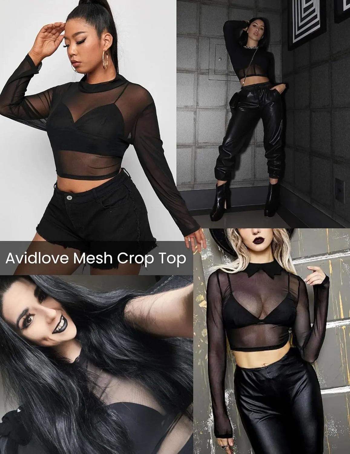 Avidlove Mesh Top Mesh Crop Top for Women Y2K Long Sleeve Mock Neck Top S-XXL