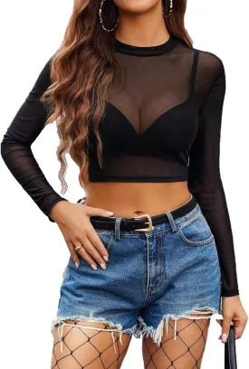 Avidlove Mesh Top Mesh Crop Top for Women Y2K Long Sleeve Mock Neck Top S-XXL