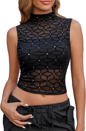 Avidlove Sexy Mesh Top Women's Sleeveless Sheer Tops Mock Neck See Through Tank Blouses Shirts