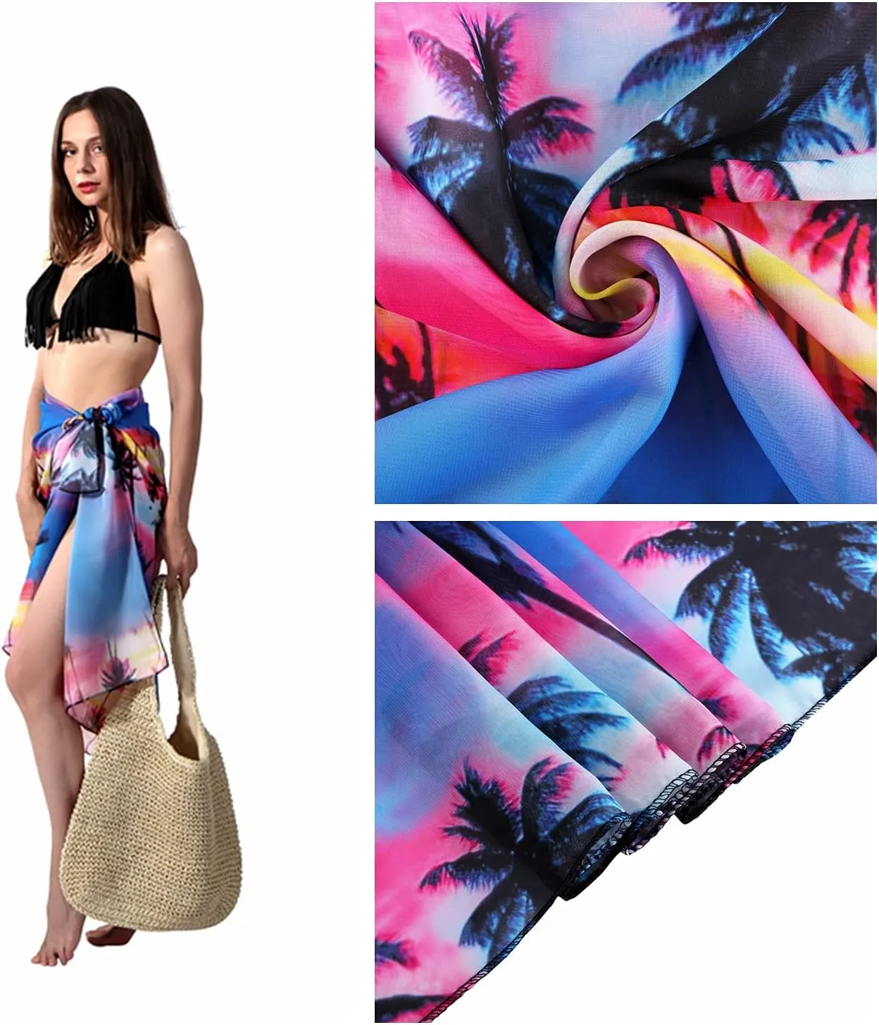 Ayliss Womens Swimwear Chiffon Cover up Solid Color Printed Beach Sarong Swimsuit Wrap Skirt Bathing Bikini Resort Wear