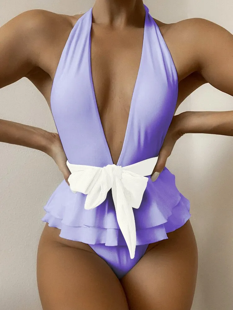 Bow belt plunge One-piece Swimsuit