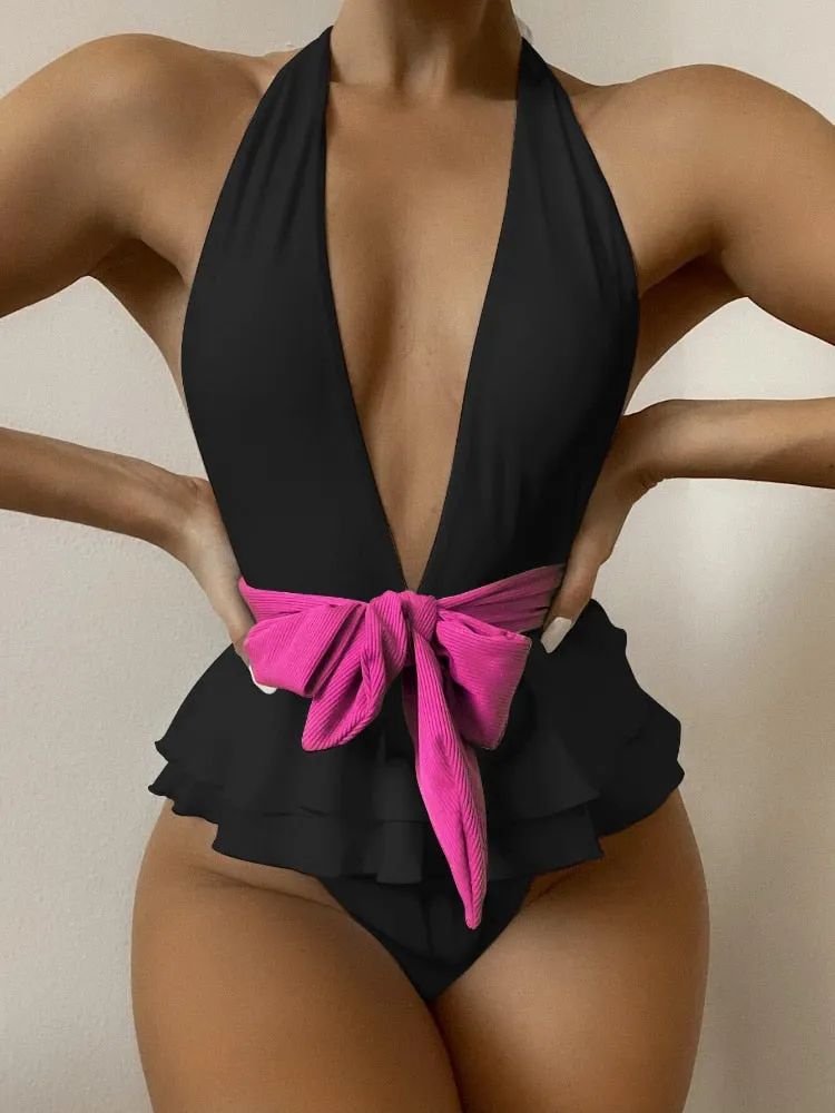 Bow belt plunge One-piece Swimsuit