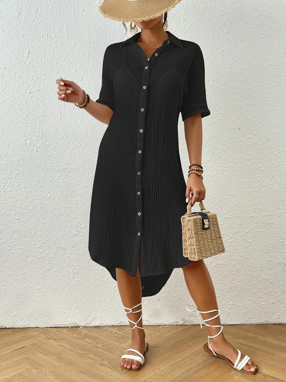Bsubseach 2025 Cotton Beach Cover Up for Women - Long Button Down Swimsuit Coverup Bathing Suit Shirt Dress Vacation Outfits