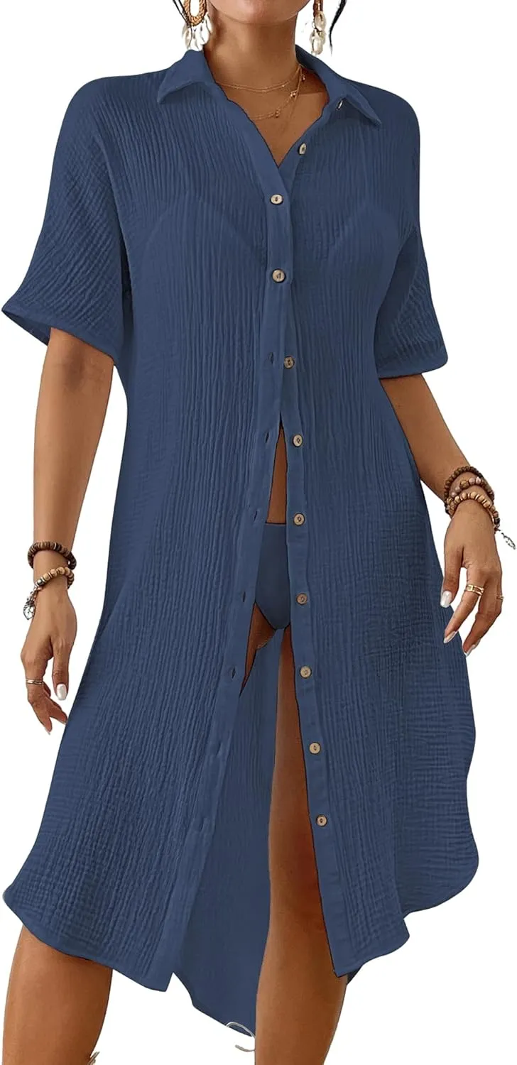 Bsubseach 2025 Cotton Beach Cover Up for Women - Long Button Down Swimsuit Coverup Bathing Suit Shirt Dress Vacation Outfits