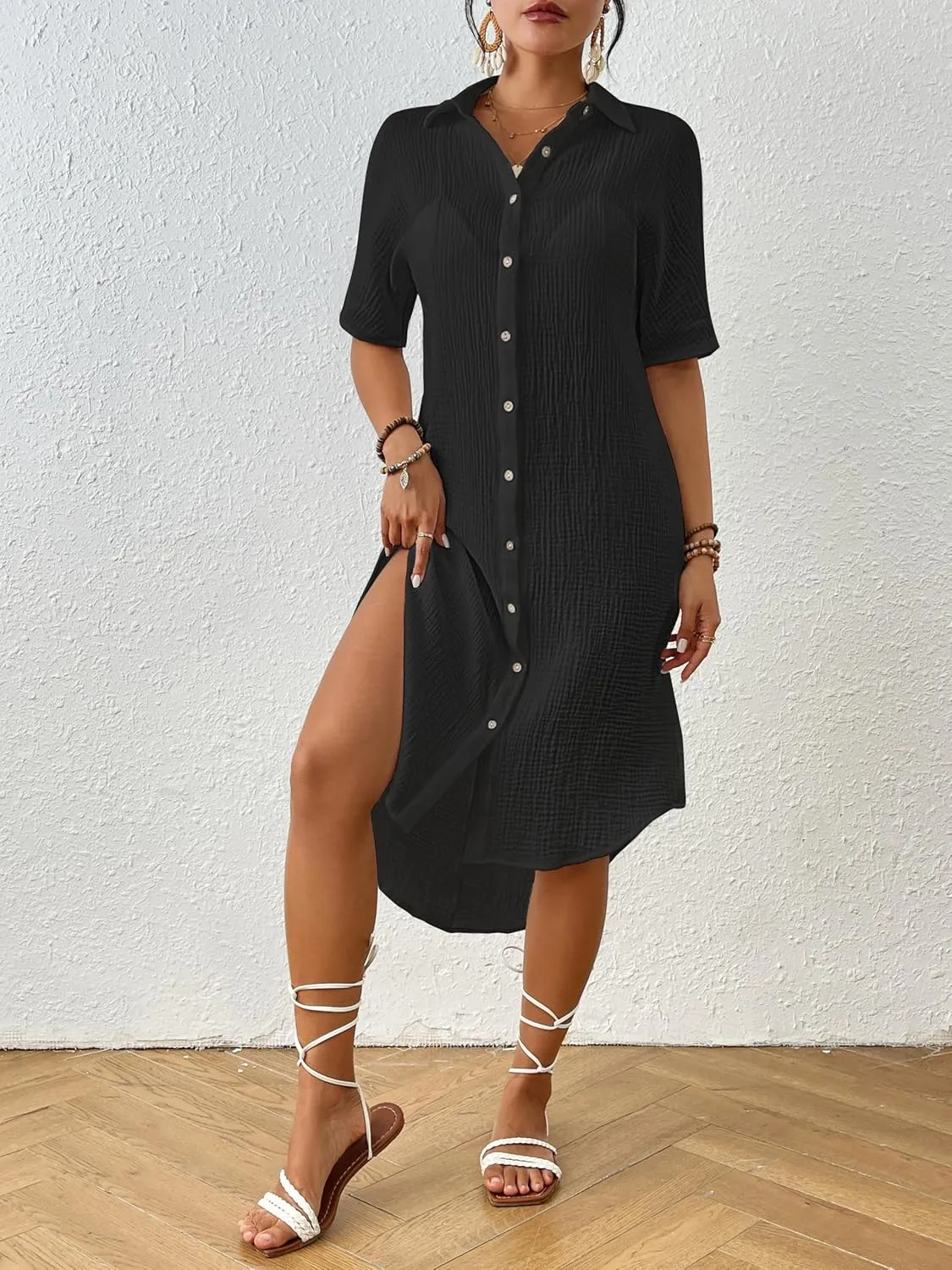 Bsubseach 2025 Cotton Beach Cover Up for Women - Long Button Down Swimsuit Coverup Bathing Suit Shirt Dress Vacation Outfits