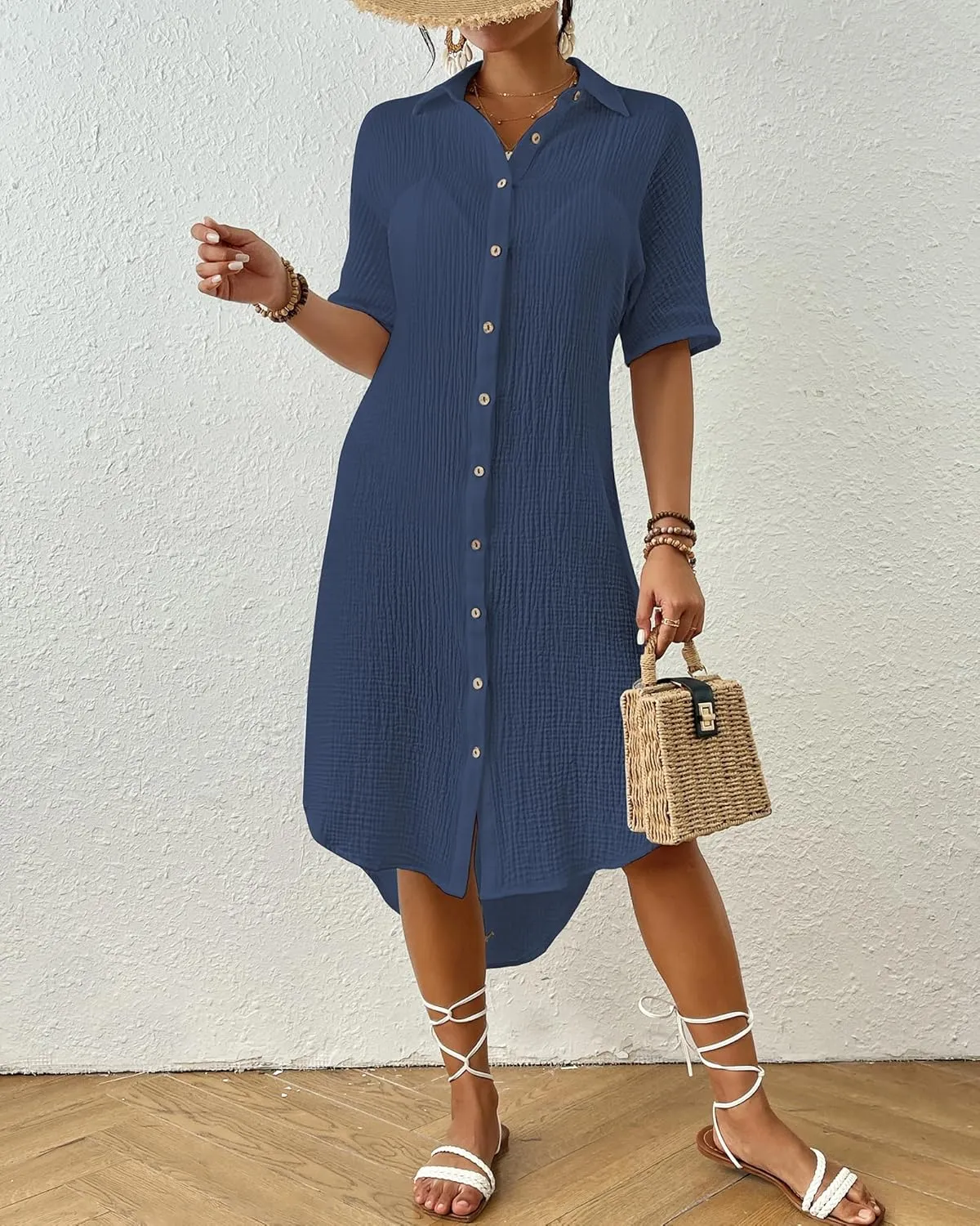 Bsubseach 2025 Cotton Beach Cover Up for Women - Long Button Down Swimsuit Coverup Bathing Suit Shirt Dress Vacation Outfits