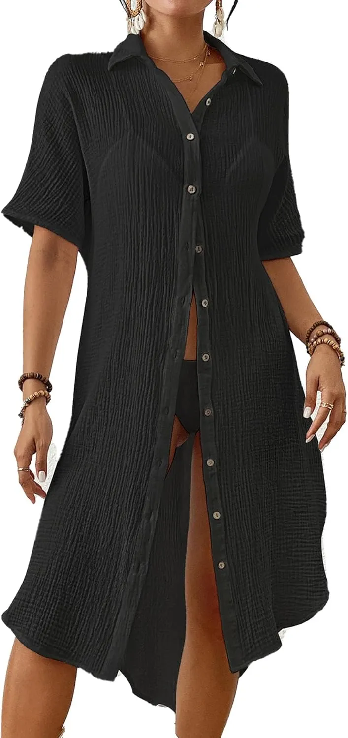 Bsubseach 2025 Cotton Beach Cover Up for Women - Long Button Down Swimsuit Coverup Bathing Suit Shirt Dress Vacation Outfits