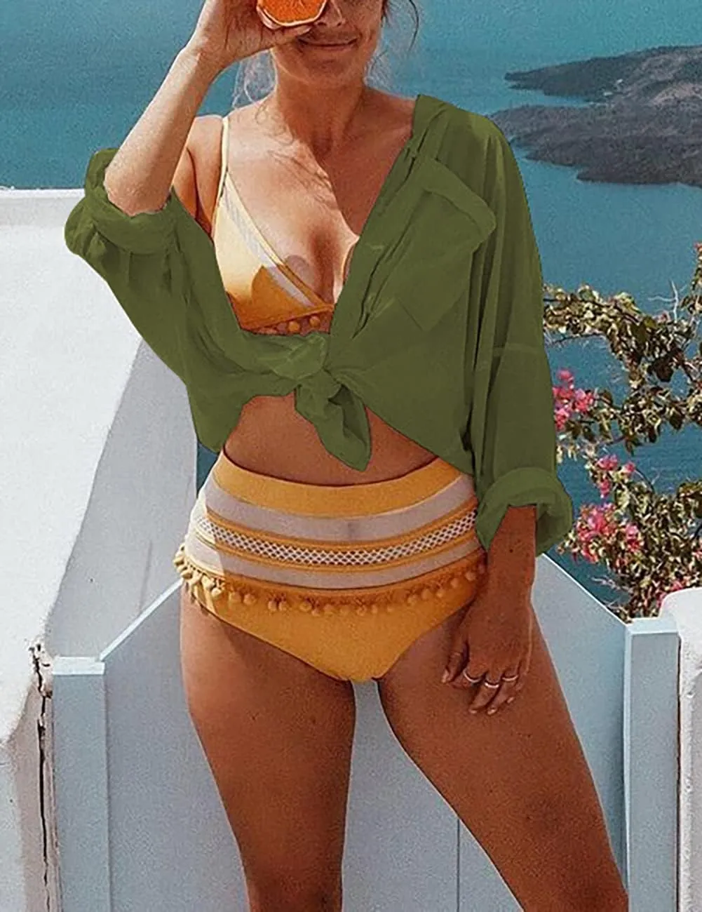 Bsubseach Women Long Sleeve Beach Shirt Blouses Bathing Suit Cover Up Button Down Collar