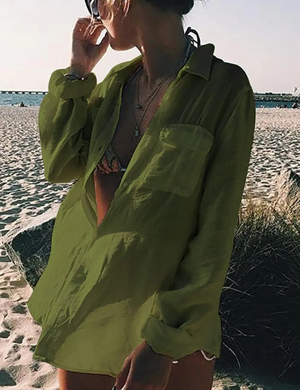 Bsubseach Women Long Sleeve Beach Shirt Blouses Bathing Suit Cover Up Button Down Collar