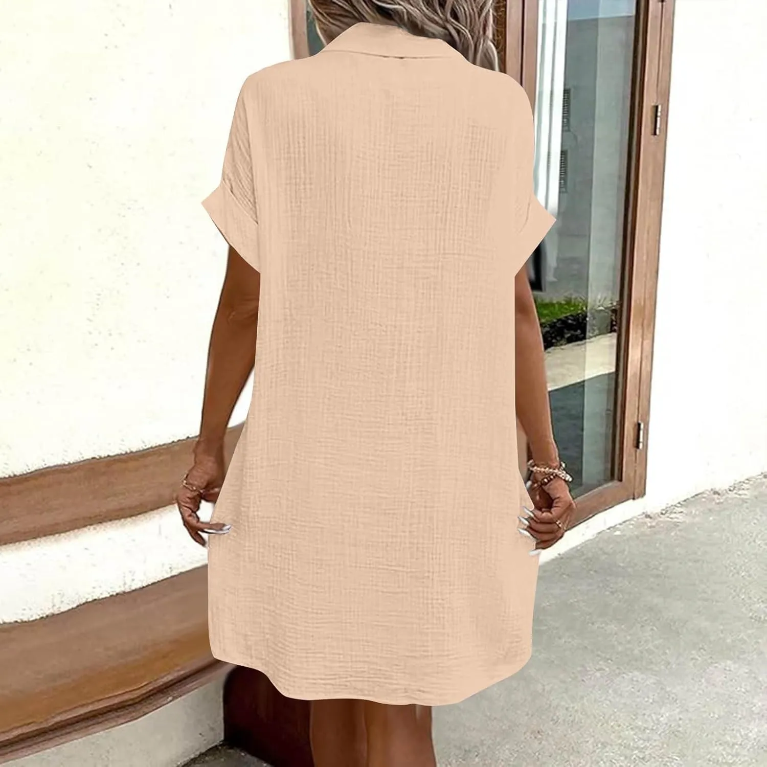 Button Down Dress for Women Summer Short Sleeve Tshirt Dresses Casual Flowy V Neck Loose Midi Beach Dress