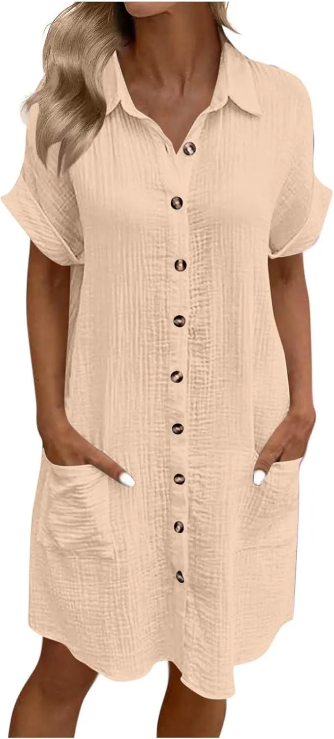 Button Down Dress for Women Summer Short Sleeve Tshirt Dresses Casual Flowy V Neck Loose Midi Beach Dress
