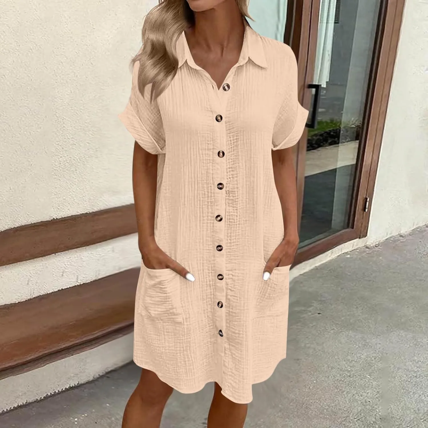 Button Down Dress for Women Summer Short Sleeve Tshirt Dresses Casual Flowy V Neck Loose Midi Beach Dress