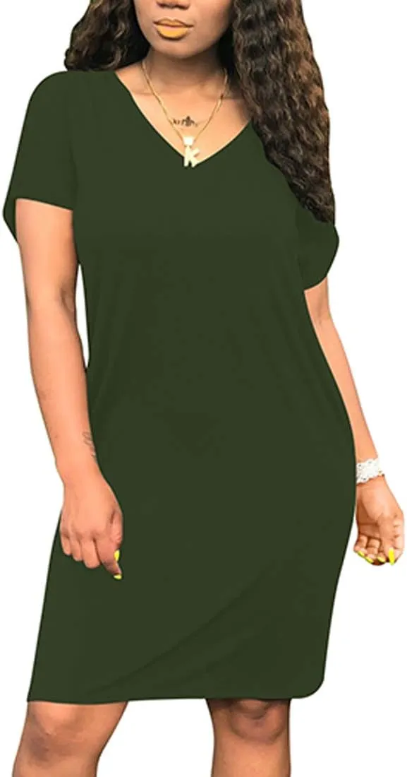 cailami Women's Summer V Neck Short Sleeve Midi Tshirt Dresses Casual Tunic Dress with Pockets