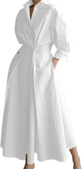 Cotton Linen Maxi Shirt Dress for Women Button Smocked Waist Loose Long Dress Long Sleeve Lapel Bodycon with Pockets