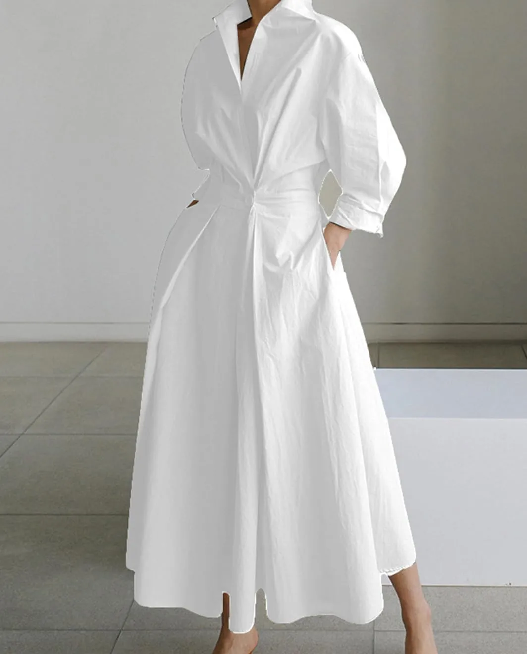 Cotton Linen Maxi Shirt Dress for Women Button Smocked Waist Loose Long Dress Long Sleeve Lapel Bodycon with Pockets