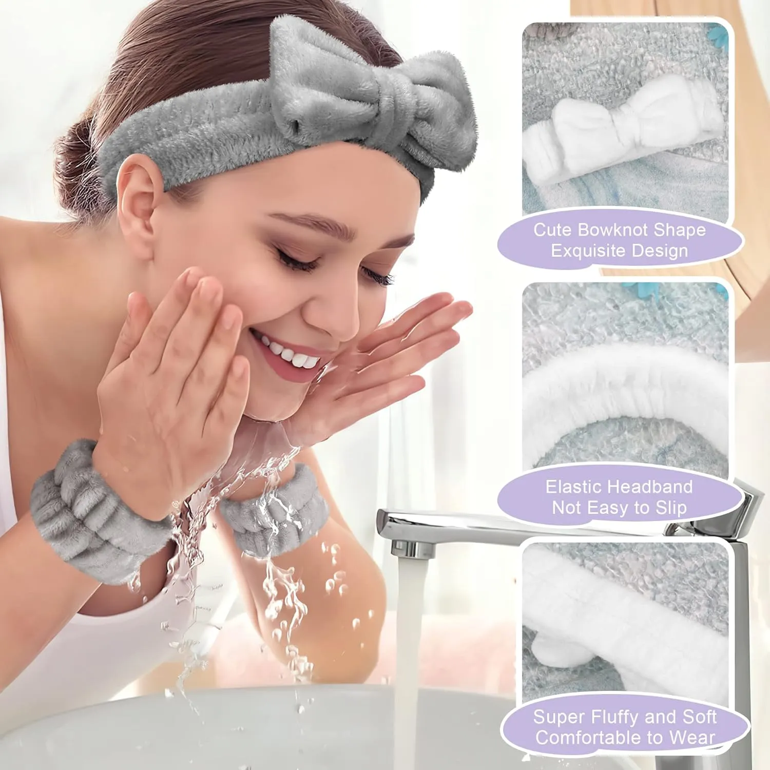 Crosize 7 Pack Women's Spa Set - Cute Terry Cloth Headband, Wrist Towels for Makeup, Facial Care and Skincare