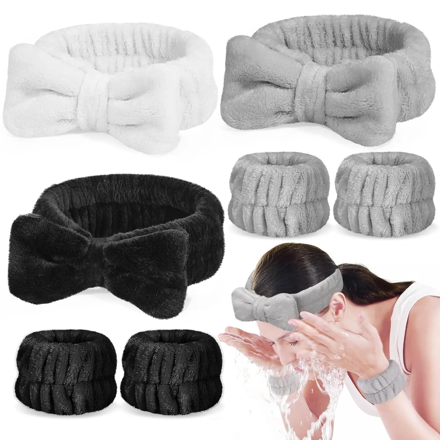 Crosize 7 Pack Women's Spa Set - Cute Terry Cloth Headband, Wrist Towels for Makeup, Facial Care and Skincare