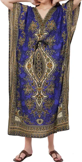 Divine threads -- Women's Kaftan Floral Print/Beach Cover Up/Plus Size V-Neck Loose Kimono Maxi Dress