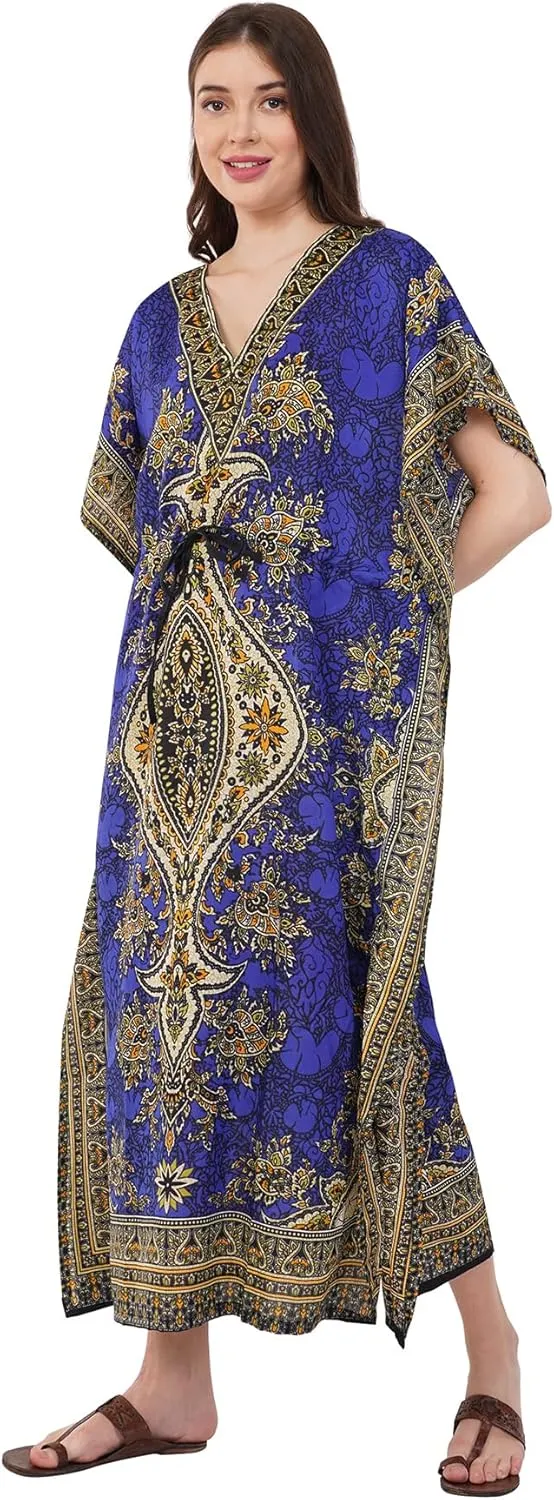 Divine threads -- Women's Kaftan Floral Print/Beach Cover Up/Plus Size V-Neck Loose Kimono Maxi Dress
