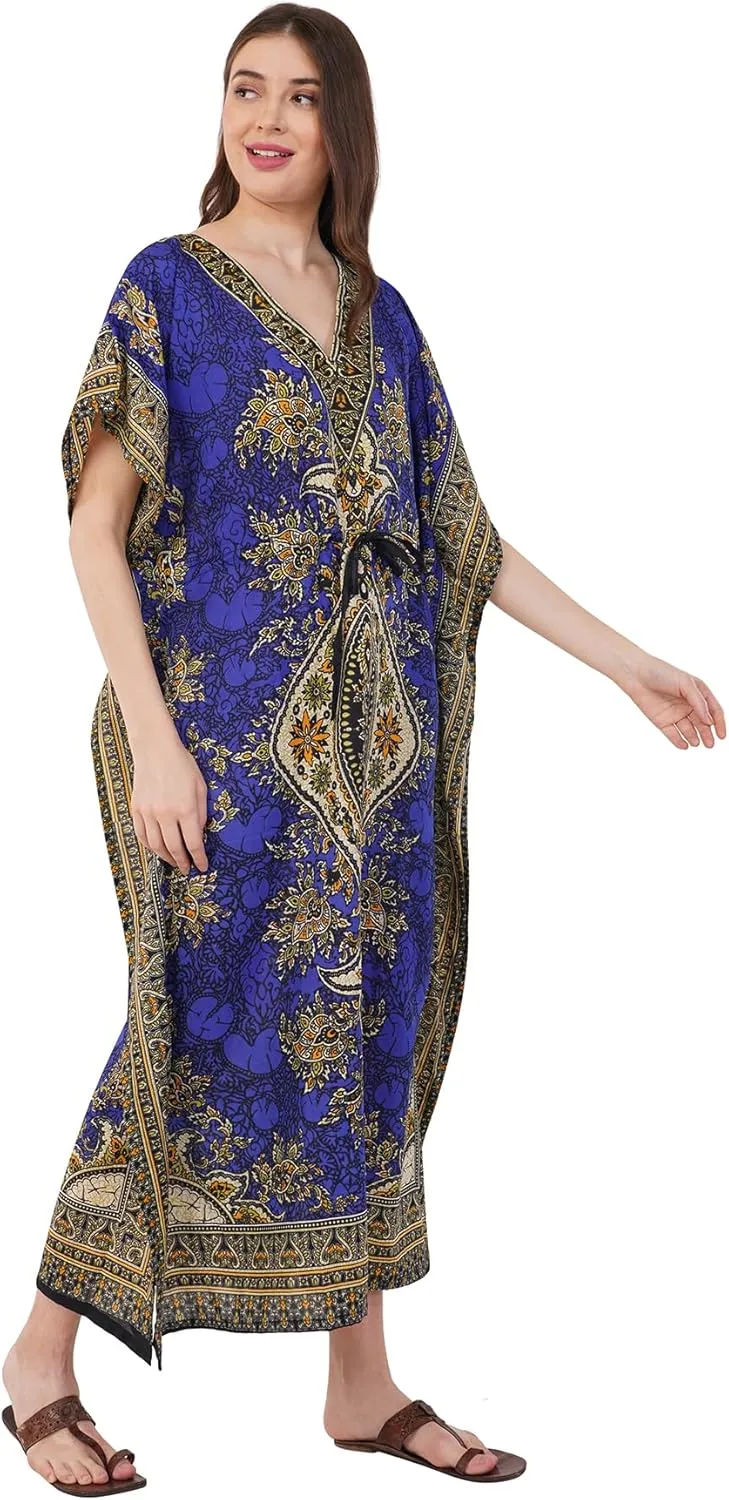 Divine threads -- Women's Kaftan Floral Print/Beach Cover Up/Plus Size V-Neck Loose Kimono Maxi Dress