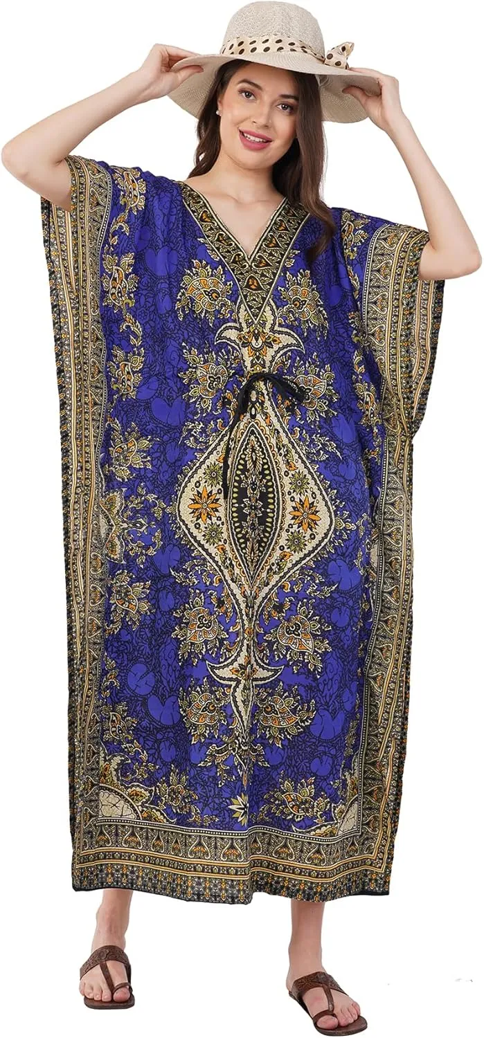 Divine threads -- Women's Kaftan Floral Print/Beach Cover Up/Plus Size V-Neck Loose Kimono Maxi Dress