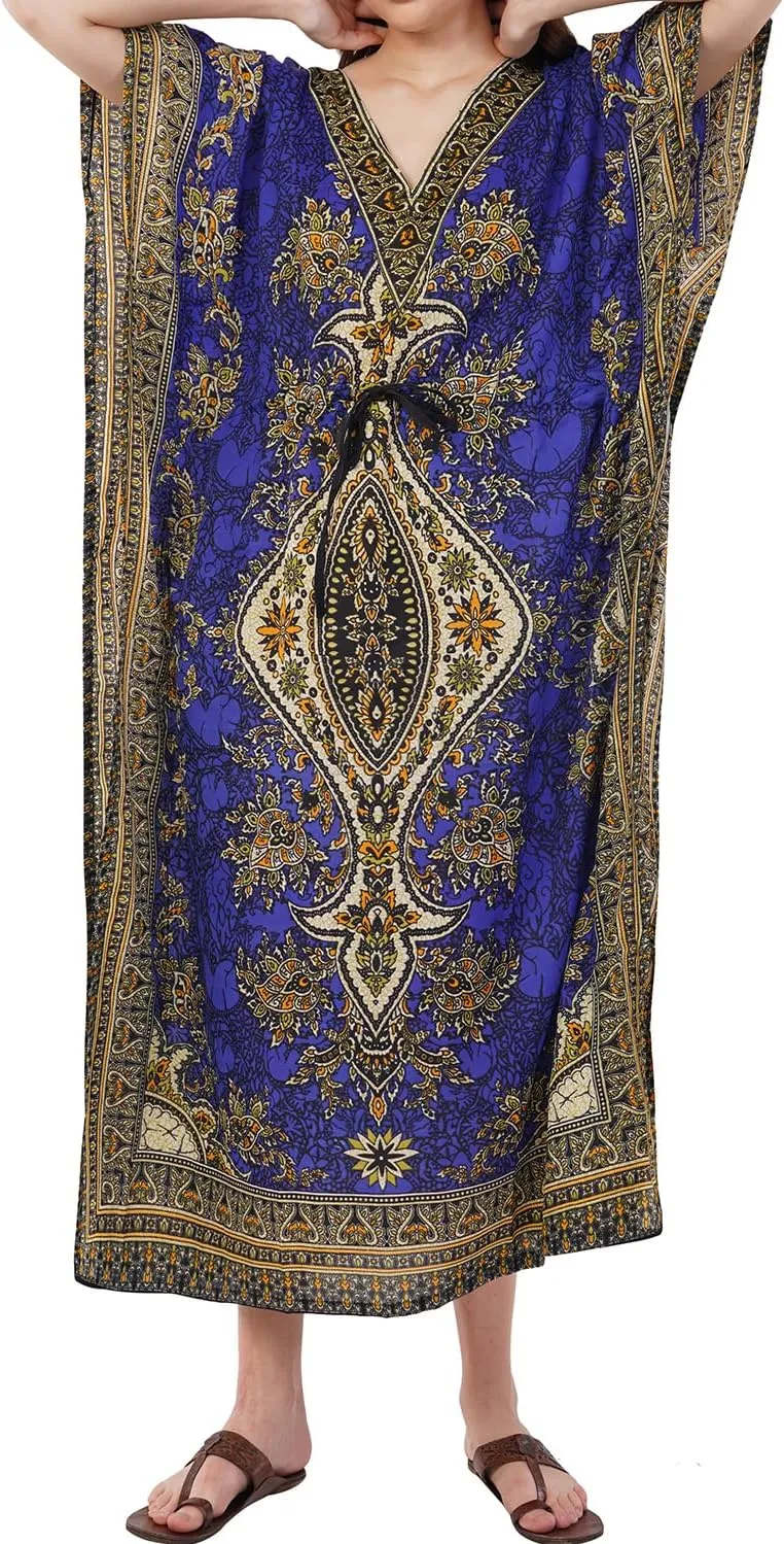 Divine threads -- Women's Kaftan Floral Print/Beach Cover Up/Plus Size V-Neck Loose Kimono Maxi Dress