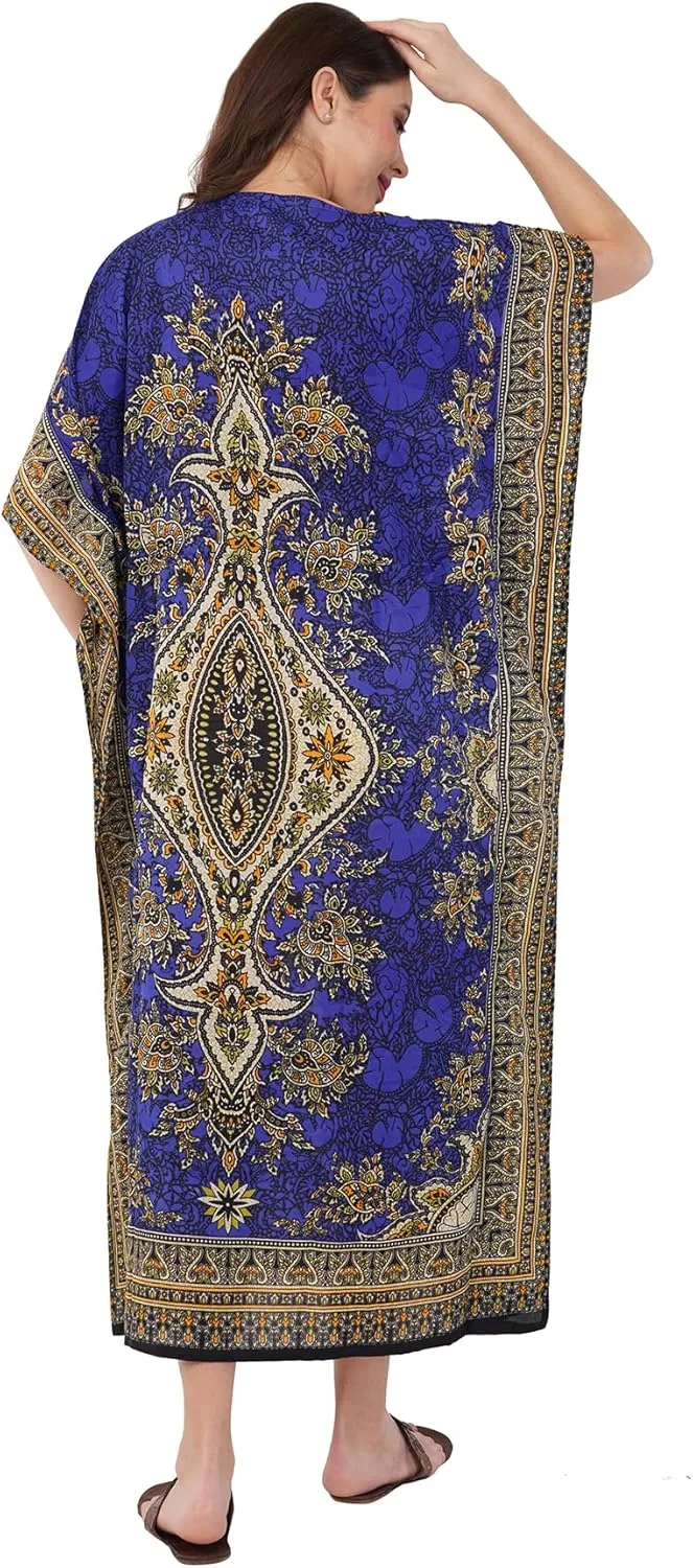 Divine threads -- Women's Kaftan Floral Print/Beach Cover Up/Plus Size V-Neck Loose Kimono Maxi Dress