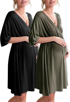 Ekouaer 3 in 1 Labor/Delivery/Hospital Gown 2 Pack Maternity Dress Nursing Nightgown Sleepwear