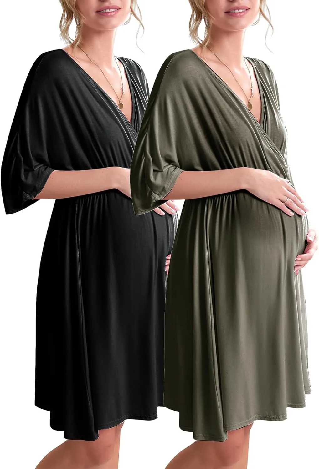 Ekouaer 3 in 1 Labor/Delivery/Hospital Gown 2 Pack Maternity Dress Nursing Nightgown Sleepwear