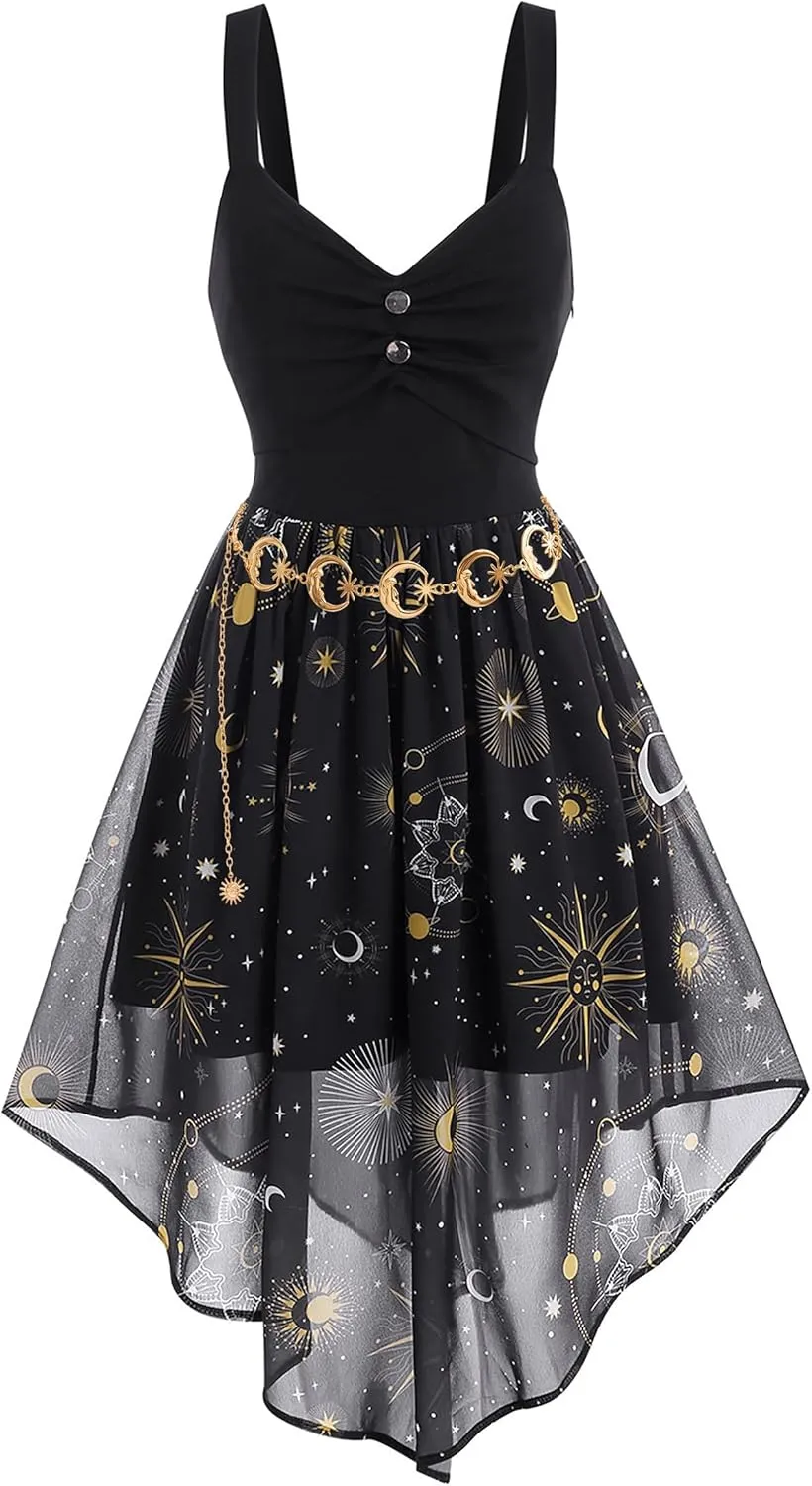 FEAPHY Women's Vintage Chiffon Sun Moon Star Sleeveless A-Line High Low Dress