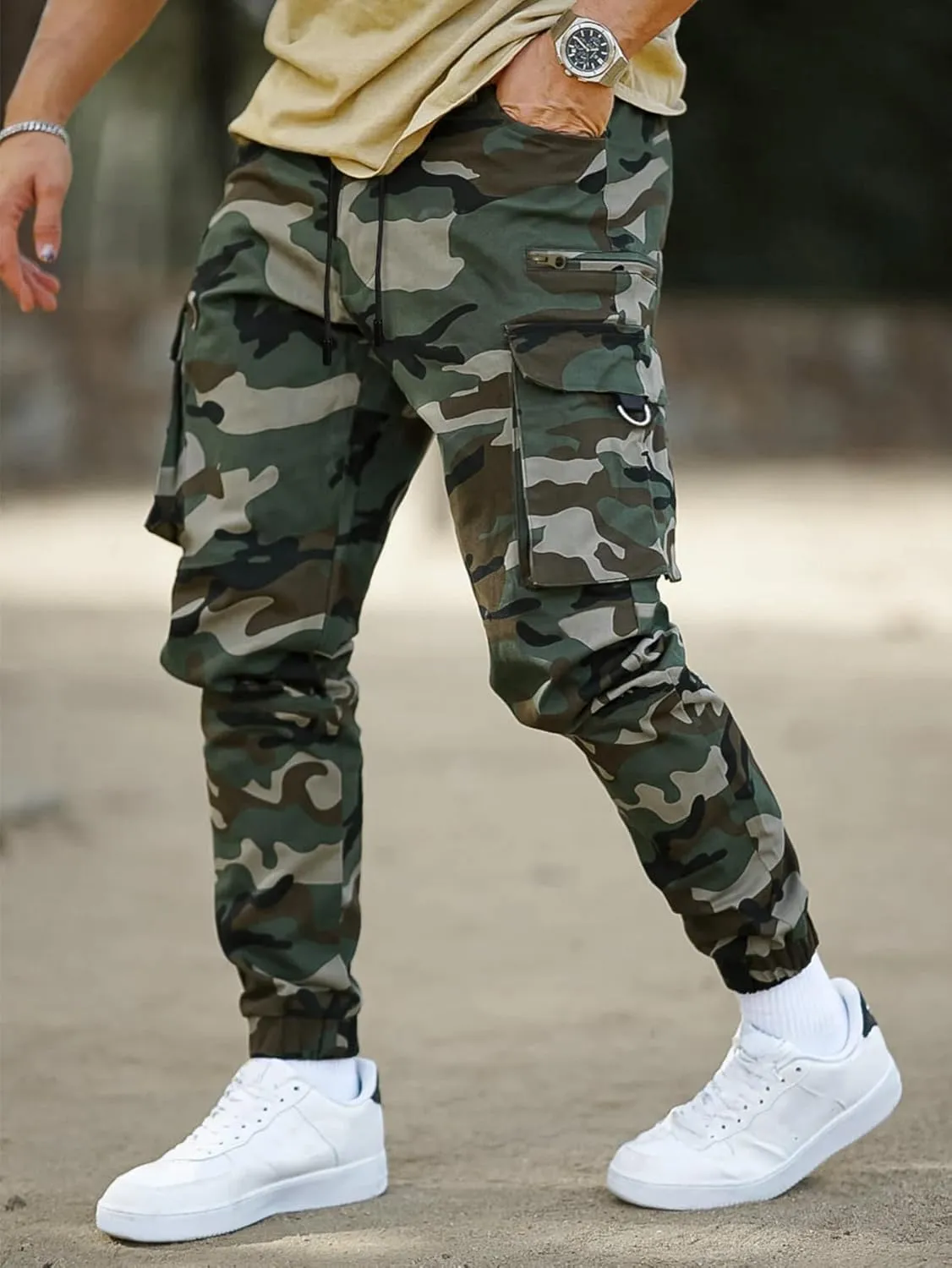 Floerns Men's Camo Print Drawstring Waist Cargo Pants Flap Pocket Side Sweatpants Workout Joggers