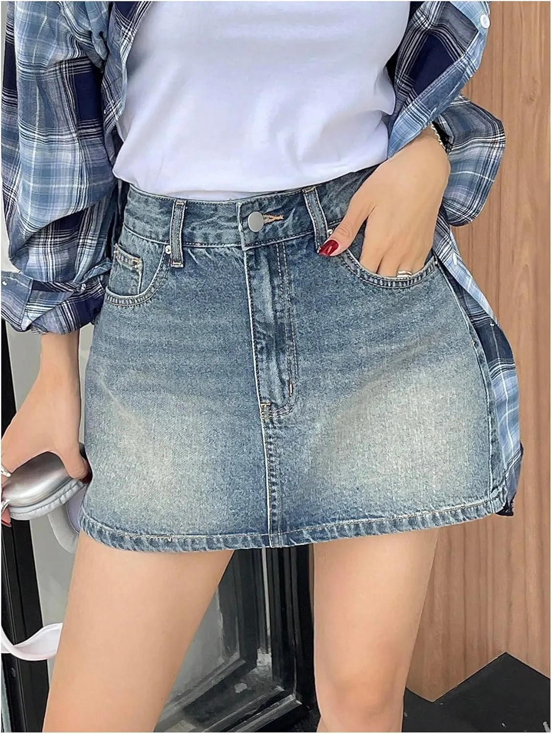 Floerns Women's High Waisted Mini Denim Skirt Casual A Line Jean Skirts with Pocket