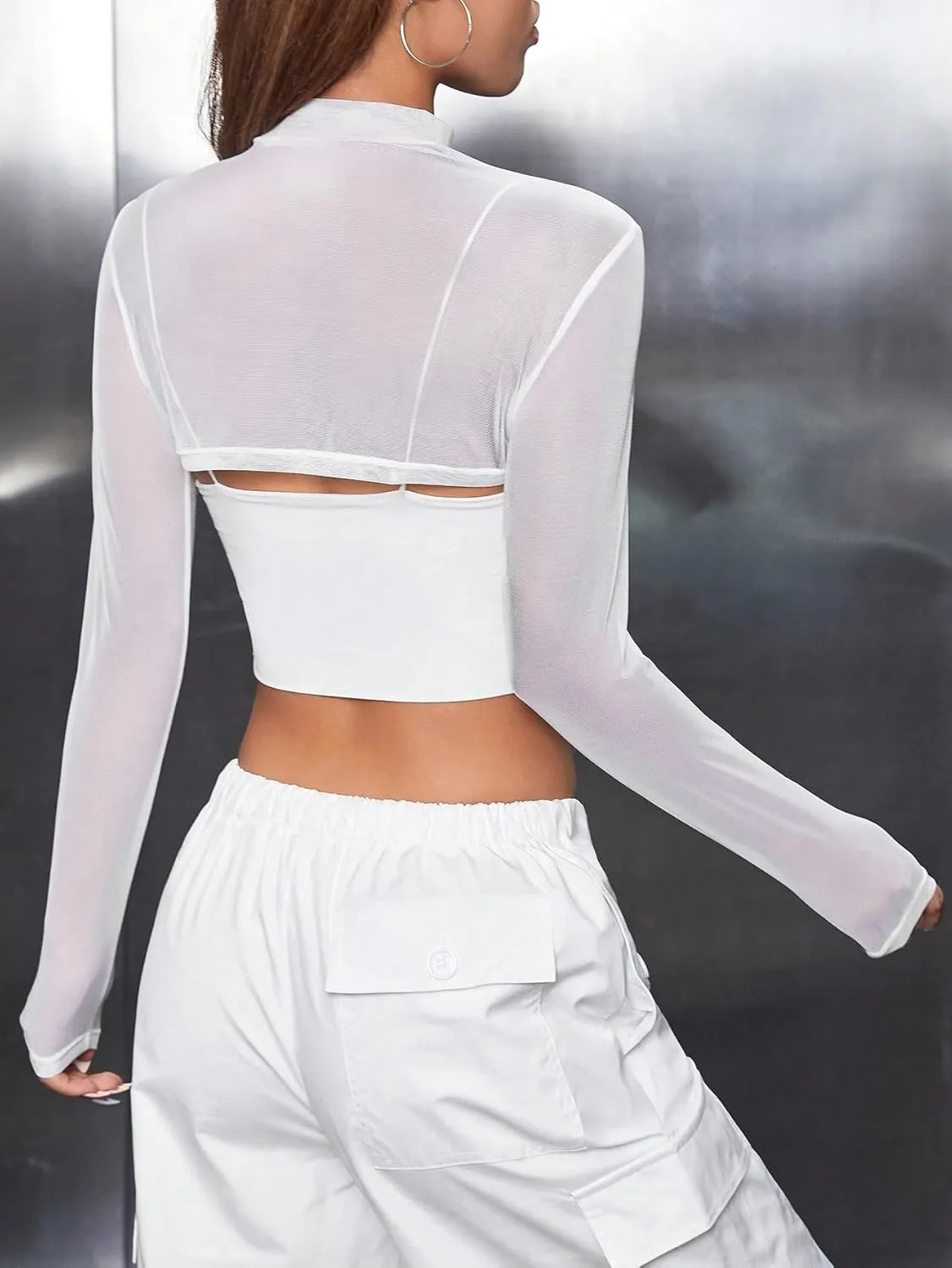 Floerns Women's Mock Neck Long Sleeve Clubwear Mesh Super Crop Top Without Bra