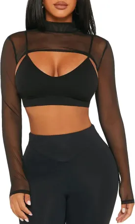 Floerns Women's Mock Neck Long Sleeve Clubwear Mesh Super Crop Top Without Bra