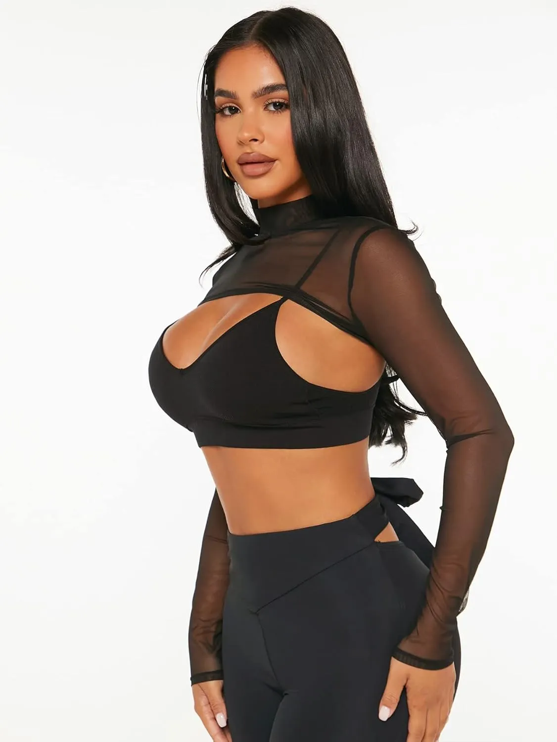 Floerns Women's Mock Neck Long Sleeve Clubwear Mesh Super Crop Top Without Bra