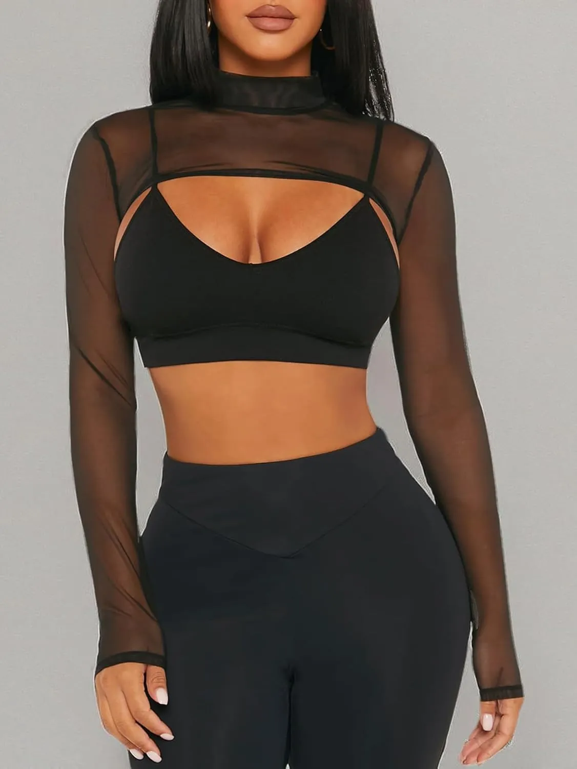 Floerns Women's Mock Neck Long Sleeve Clubwear Mesh Super Crop Top Without Bra