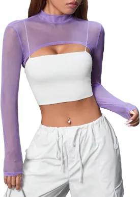 Floerns Women's Mock Neck Long Sleeve Clubwear Mesh Super Crop Top Without Bra