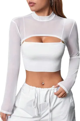Floerns Women's Mock Neck Long Sleeve Clubwear Mesh Super Crop Top Without Bra