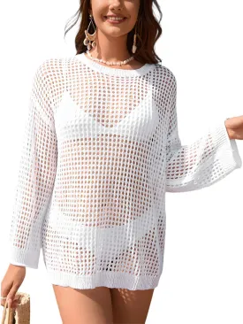 Flygo Swimsuit Coverup for Women Crochet Beach Cover Ups Summer Bathing Suit Cover Up Knit Beach Dress Vacation Outfits