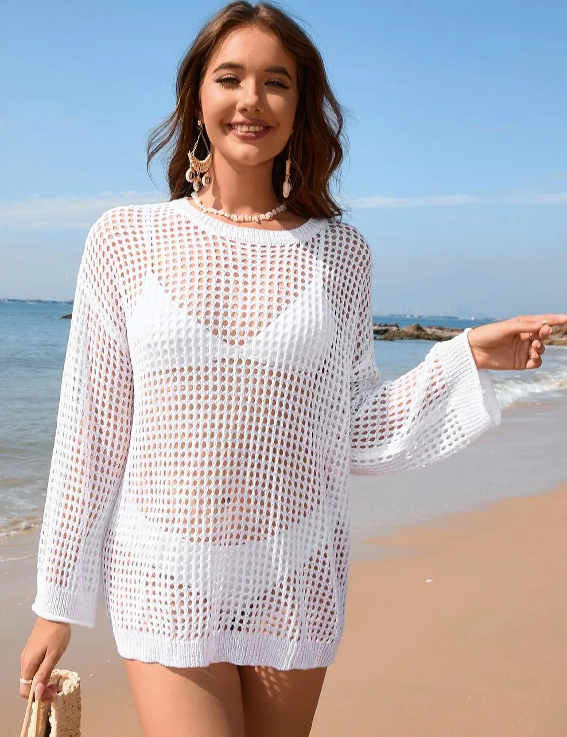 Flygo Swimsuit Coverup for Women Crochet Beach Cover Ups Summer Bathing Suit Cover Up Knit Beach Dress Vacation Outfits